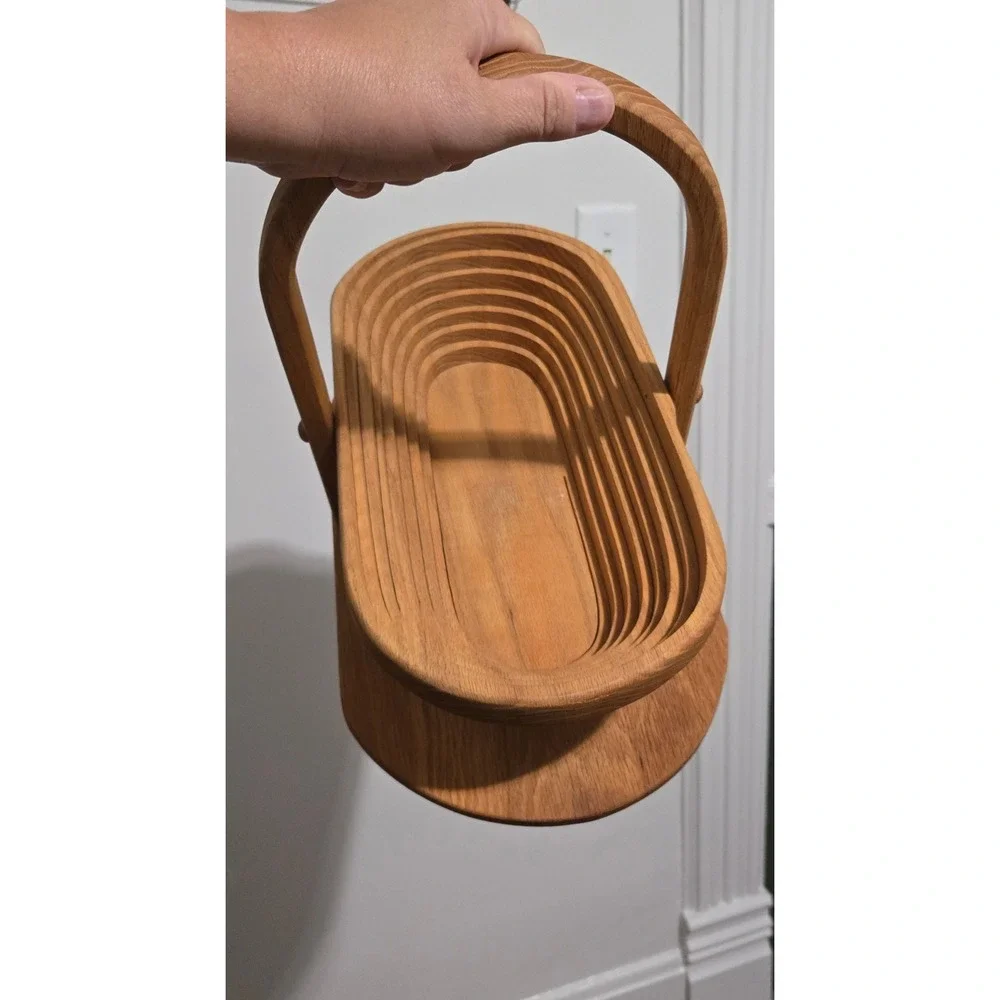Vintage Folding Wooden Fruit Basket Collapsible Oak Wood Trivet Bread Board 15in